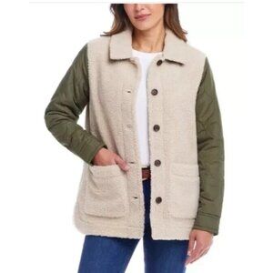 Weatherproof Vintage Womens Med Teddy Sherpa Quilted Color-Block Jacket Green